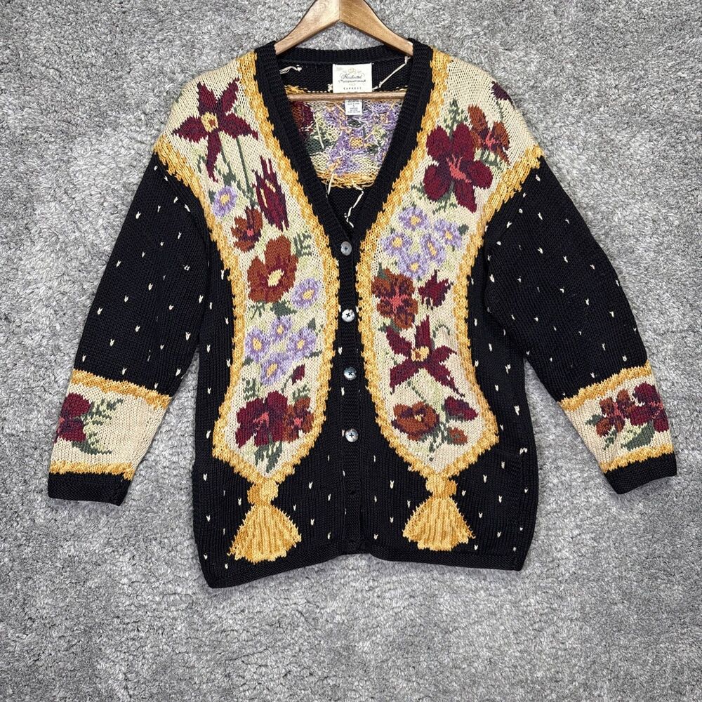 Vtg Express Hand Knitted Floral Cardigan Sweater 90s Thick Small Missing Buttons